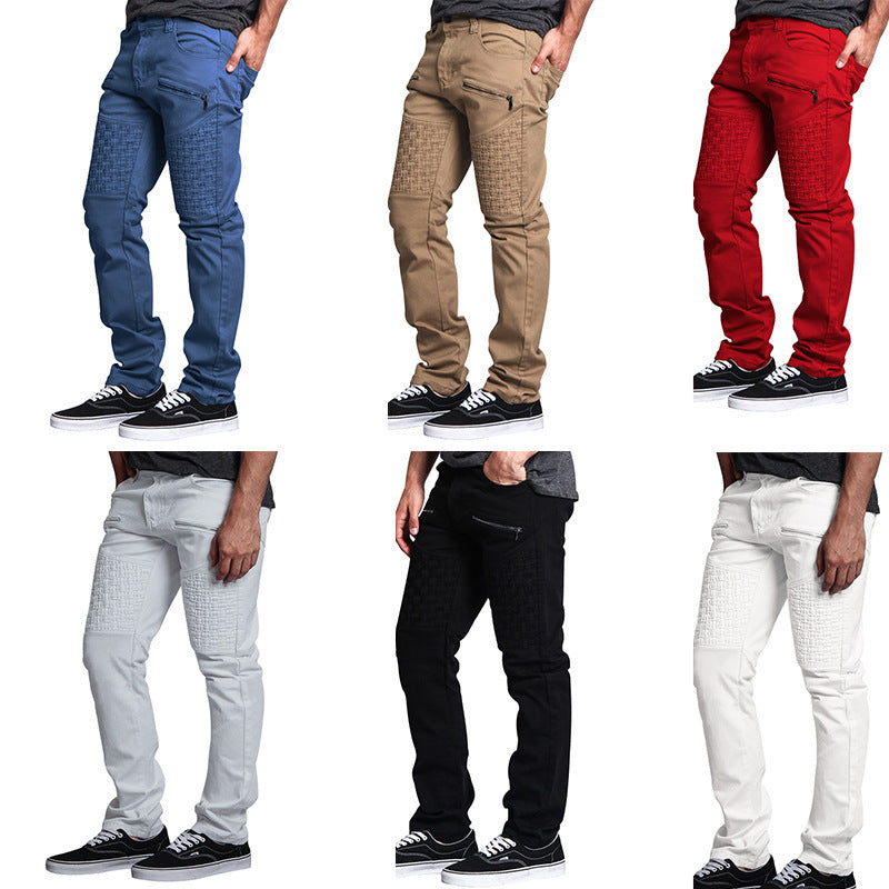 Casual Autumn Men's Personality Leather Stitching Thin Straight-leg Trousers