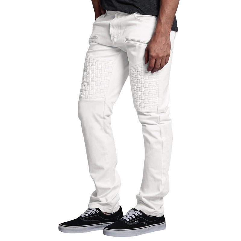 Casual Autumn Men's Personality Leather Stitching Thin Straight-leg Trousers